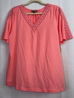 NWT Style & Co. Lace V-Neck Coral Pink Sleeve Lace Detail Tee